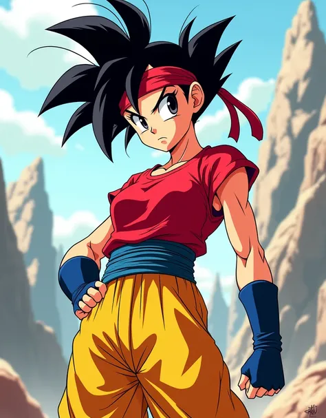  Create a female Saiyan 
-  **Hair**:  Pan has short black hair ,  that she normally wears tied around a ponytail a red stripe.
- **eyes**: His eyes are big and dark,  expressing much of her energy and determination .
- **clothes**:  She often wears a red ...