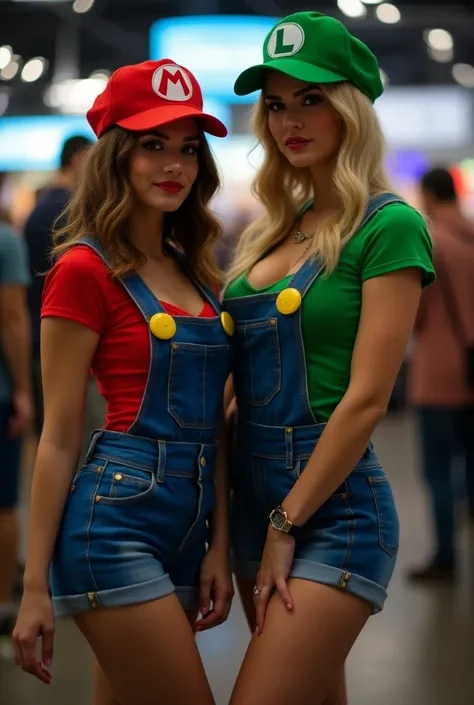 photo of two gorgeous women dressed as mario and luigi, short girl dressed as mario, tall girl dressed as luigi, at comic con, gorgeous figure, moody lighting, mario and luigi cosplay, cleavage, best quality, high resolution photo