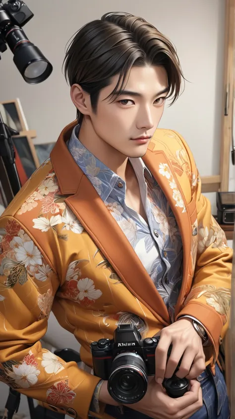 (photorealism:1.2), Handsome japanese man, 25-30 year-old, fashion model, wearing sexy outfit, relaxed pose, taking photo in the studio, realistic, intricate details, warm colors