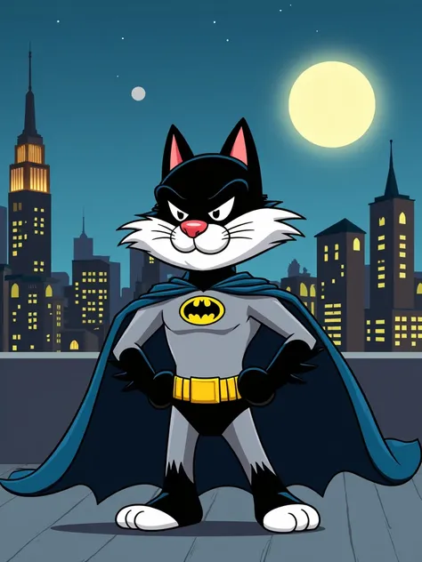 IMG_5921.CR2: Sylvester the Cat, a black anthropomorphic cat with white fur and a round red nose, dressed as Batman in a classic 1980s cartoon style. He wears a vintage Batman suit with cape, mask, and utility belt, standing confidently on a rooftop under ...