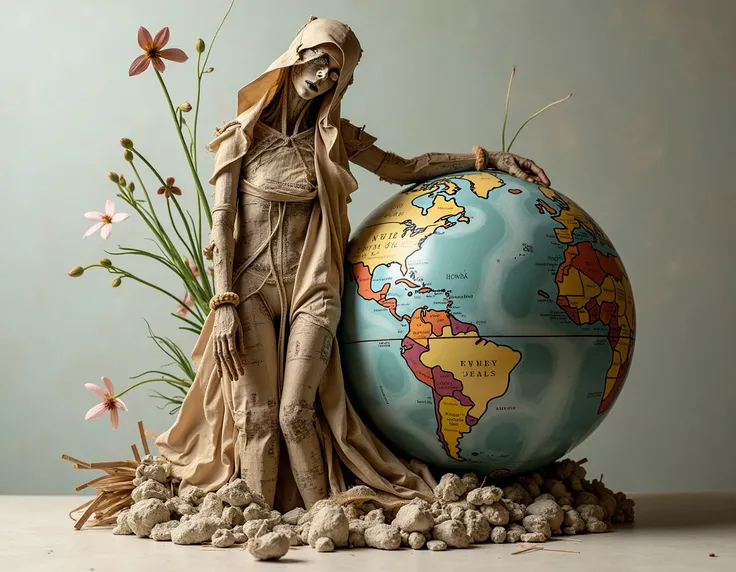 create an image using materials newspaper paper globe toothpicks cardboard straw gauze plaster 