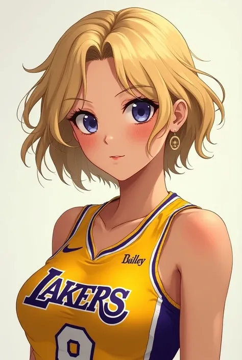 (Anime, 1.2), Lakers jersey, blonde short wavy hair, mature, sexy, curves, smiling, freckles