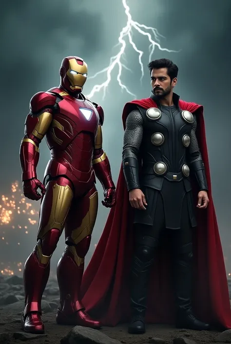 Shah rukh khan as ironman standing with fawad khan 2ho is wearing a thor suit
