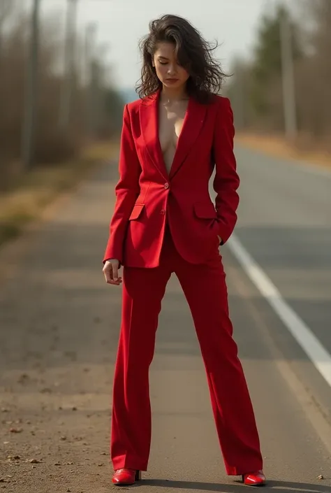 A young woman in a red suit spits on the side of the road