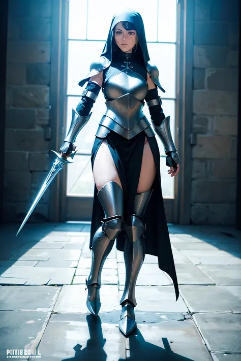 Battle nun with plate armor on the lower half of her arms and legs, photorealistic, high definition