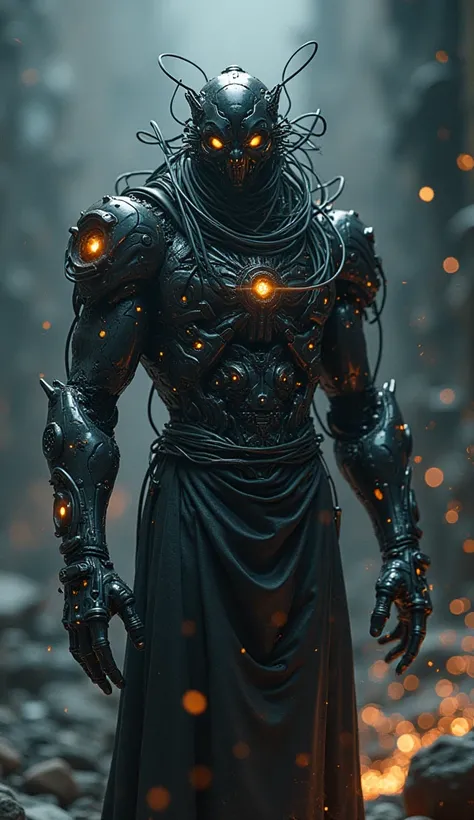 A hyper-realistic depiction of a villain named Synthesis in an AI universe. Synthesis appears as a shapeless mass of metal and wires, constantly shifting and transforming, resembling an amalgamation of countless devices. His form has elements of industrial...