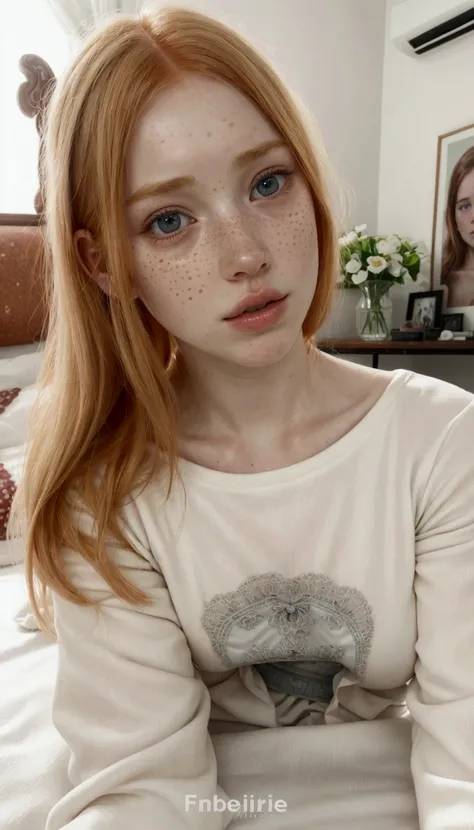 arafed woman with freckles and a white shirt sitting on a bed, cute freckles, small freckles, freckled pale skin, white freckles, light cute freckles, with freckles, very light freckles, ellie bamber, very very very pale white skin, 19-year-old girl, ellie...