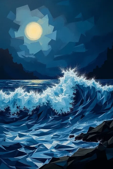 Cubist-style cubist style painting of a raging sea at night made of geometric shapes 
The sea made of geometric shapes 