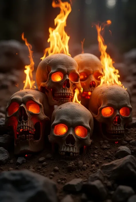 The five skulls are arranged irregularly on the top, middle, and bottom， Closeup ，Burning with flames