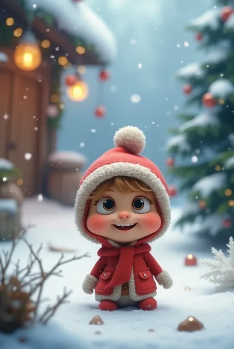 A cute character with a 1999 Disney cartoon-style ,  sets the background of a cold place in the winter and Christmas mood,surprise me,  front