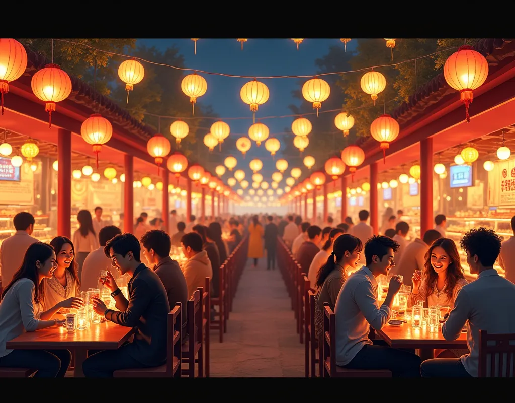  Lots of lanterns are displayed overhead,  gentle light of yellow and red lanterns :1.3, Chinese style bonbori , Lots of tables ,  Lots of couples and parents and ren ,  enjoying food and drink ,  happy expression, Dark Night:1.3