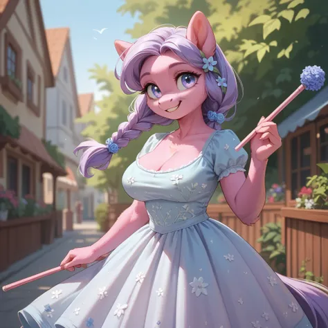 Pony, furry, smiling,  flowery dress, baton, pink fur, Lilac eyes, neckline, Big breasts 