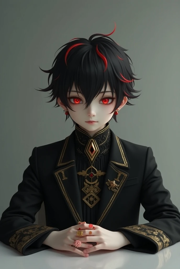 Pale skinned boy, black hair with red highlights, red eyes,  black clothing with gold details, with a half smile ,  sitting at a desk ,  the office with gray walls ,  rings in the hand animate 