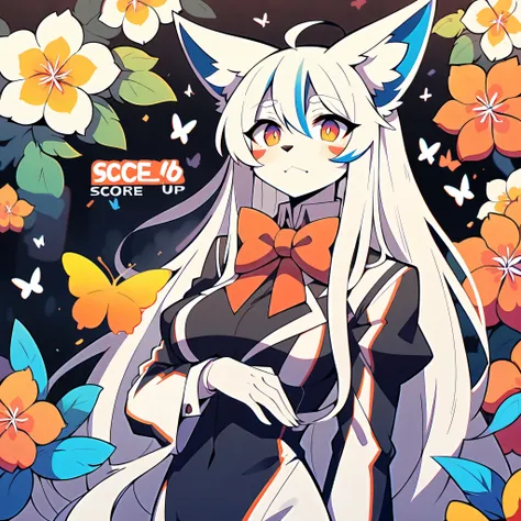 score_9, score_8_up, score_7_up, score_6_up, score_5_up, score_4_up, source_furry, highres, cover page, absurdres, perfect anatomy, anime style illustration, long hair with orange and blue highlights, kemono, black and white outfit with a red bowtie, and a...