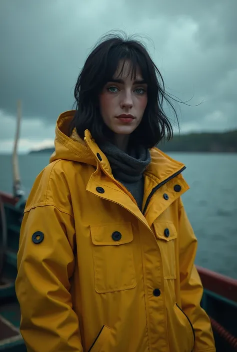 (masterpiece:1.2),  best quality , photo of a beautiful female fisherwoman ,  black hair , 25 years,  wearing a yellow raincoat,  (On a fishing boat:1.3),  dark clouds,  photorealistic , hyperrealistic,  hyperdetailed , analog style,  perky hip , reserved,...