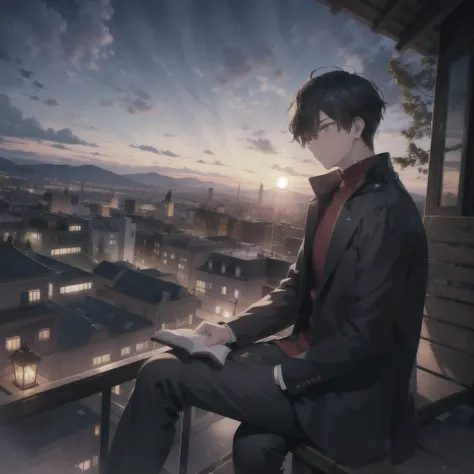 A young man sits on a hill in the twilight. The city lights can be seen below the hill.