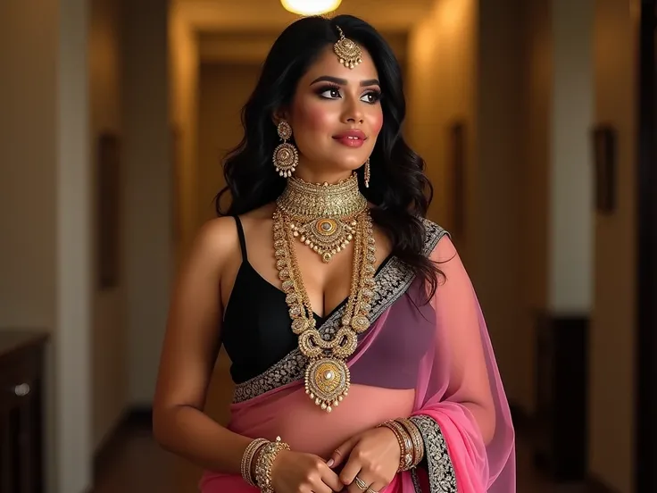 
A stunning Indian curvy body Bhabhi 36A size (spaghetti strap black colour blouse with shoulder side lace tie and pink colour transparent saree), showing curvy figure, showing her navel, heavy jewellery, an extravagant Lakshmi Haar (long goddess motif cha...