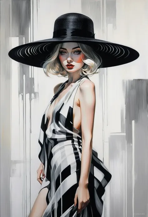 chiaroscuro technique on sensual illustration of an elegant  glamour a girl with elegant hat black and white barcode generates the subtitles, vintage beauty, eerie, the model draped in flowing, thick oil painting, by Hannah Dale, by Harumi Hironaka, extrem...