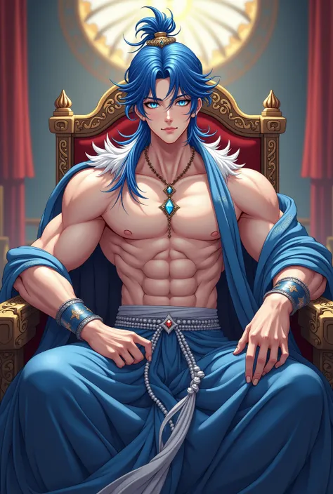 1 male teenage boy, male, formal blue hair and blue diamond glow eyes, with a hair ornament, with a cute, baby face, cute round face, fair skin, pale white skin and toned body, and chiseled body with nice abs and 6 packs, chiseled abdominal muscles, impres...