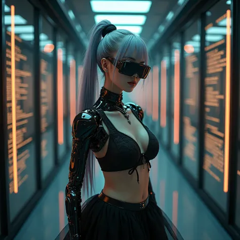 ((((looking at camera)))),(photorealistic, large-breast ),a beautiful girl, beautiful korea faceA fashion runway for alien technology ,Reveal full breasts,Big breasts, Cyberpunk fashion photography ,  photorealistic, large-breast ,((full body)), (( Realist...