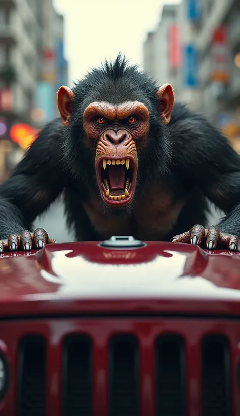 A angry monkey looking to a maroon jeep car and in the background there is city