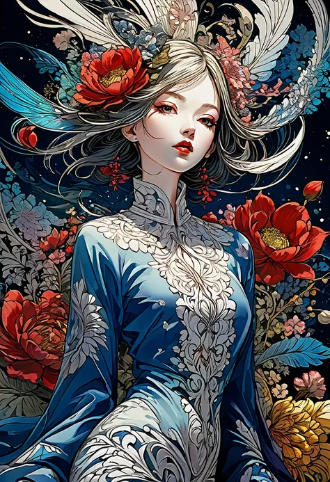 official art, unity 8k wallpaper, very detailed, beautiful and aesthetic, masterpiece, best quality, (zentangle, mandala, tangle, entangle), (fractal art:1.3) , 1 woman, Red flower, very detailed, dynamic angle, cowboy shot, The most beautiful form of chao...