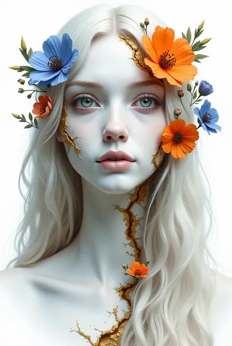 masterpiece), best quality, expressive eyes, perfect face

Stunning ultra-realistic illustration of a white stone woman with patches of her natural skin visible, decorated with flowers growing from her body. The petals and leaves are decorated with gold fi...