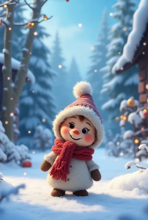 A cute character with a front, puts the background of a cold place in the winter and Christmas mood, surprise me, 1999 Disney cartoon style,2D