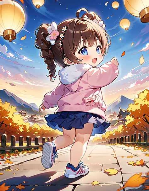 ((whole body,  from behind, back view)),　(( walk away gracefully :1.3)、((Chibi Girl:1.5)))、Best Quality、 Hi-Res、 detailed background、 beautiful face down to the smallest detail、 anatomically correct 、detailed expression、fine grain、 Cute Brown Hair Color 、 ...