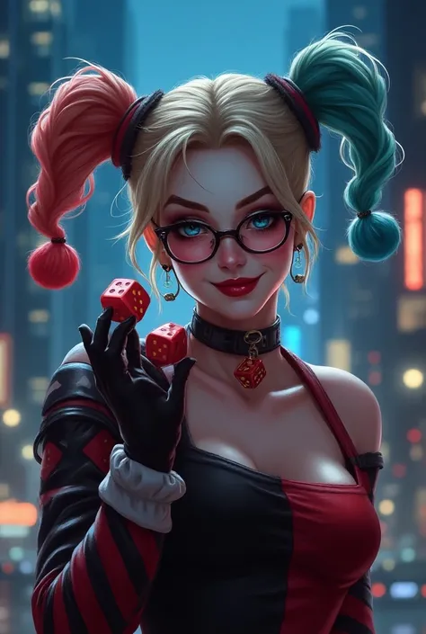 / Harley Quim in omib style, illustrator, masterpiece,  high quality, 8k, high res, high detail, smiling,  Clear Sunglasses , holding lucky dice , Cinematic overlay,  vivid colors ,  Cool Soft Lighting , Chicago night, wind blowing, Greg Rutkowki Styles 