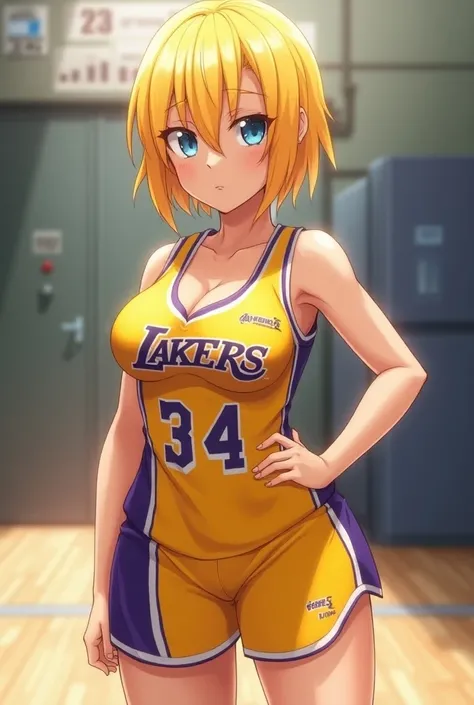 A girl with big breasts stands flirting, blonde short hair wearing lakers jerset (anime, 1.2)