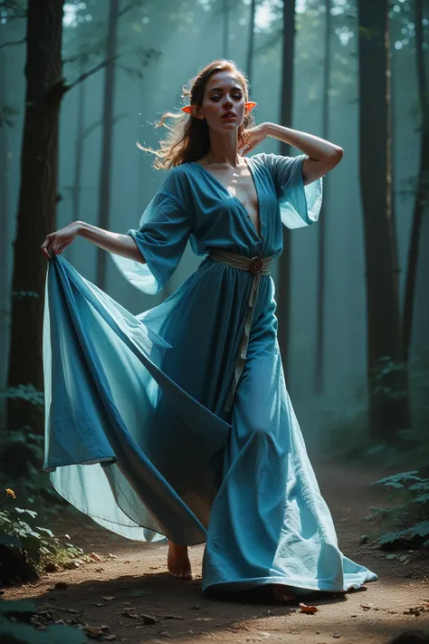 Character illustration of full figured female elf wearing loose fitting pale blue robes dancing in the moonlight in a clearing in the woods