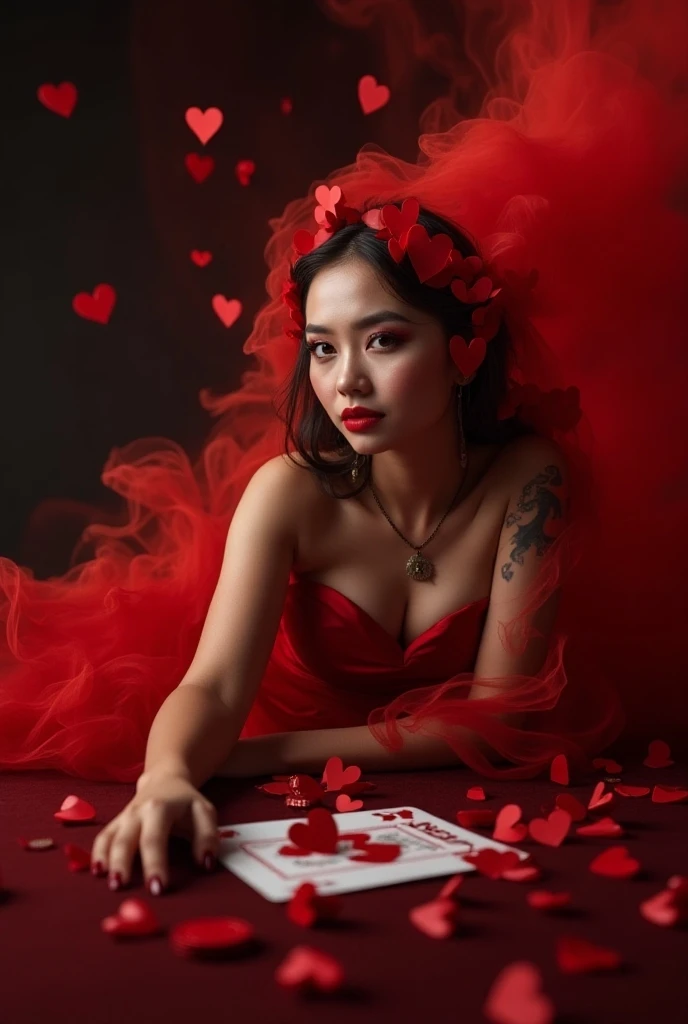 Create a hyperdetailed photorealistic macro image of a queen of hearts playing card lying on a card table. The queen is composed entirely of multiple tiny hearts. She looks contemporary, beautiful, and modern. She is portrayed as a temptress in a red silk ...