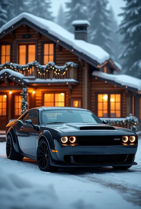 dodge challenger devant un chalet de noel avec le chiffre 18