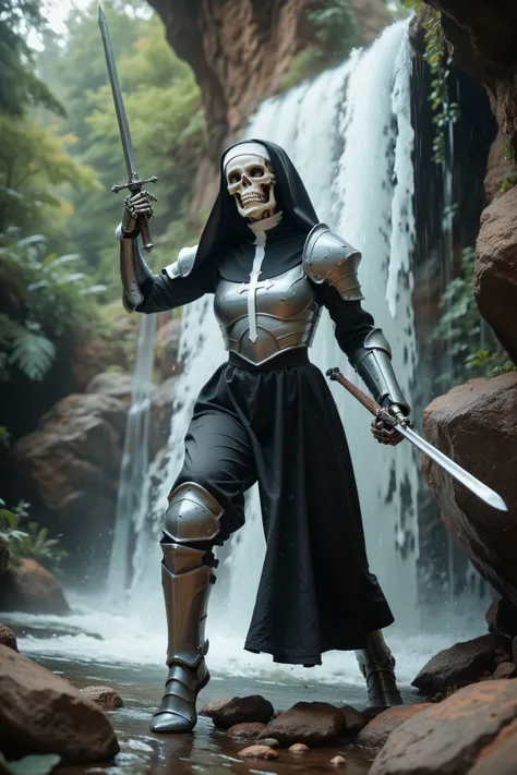 Well-endowed battle nun with plate armor on the lower half of her arms and legs in combat stance fighting against a skeletal dragon under a waterfall, photorealistic, high detailed