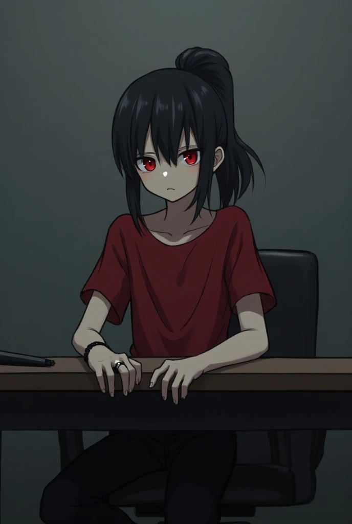 Pale skinned boy, medium long black hair, tied with a ponytail , red eyes,  black pants with red t-shirt , with a medium expression ,  sitting at a desk ,  the office with gray walls,  black hand rings, anime 