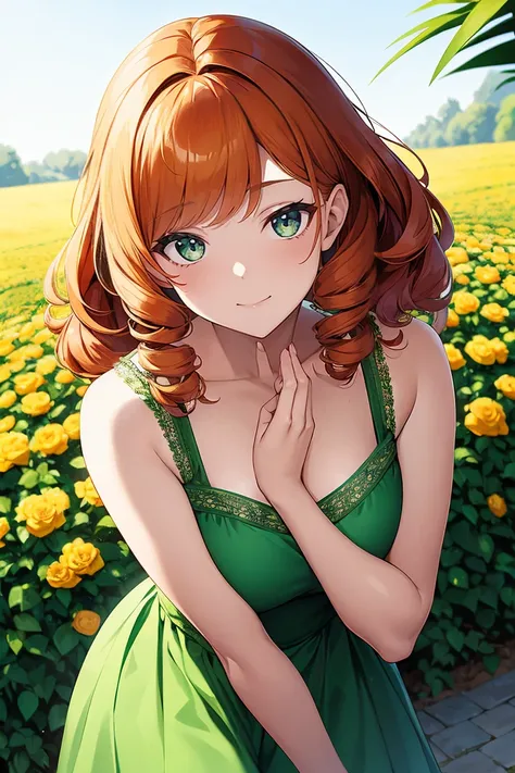 A , very young , curly orange hair, voluminous hair, sparkling green eyes, fair skin with vitiligo, girl with vitiligo, wearing a simple green dress, in a flower garden, sweet smile, innocent