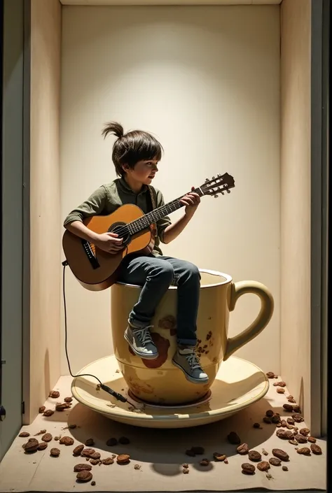 window dislay a model of a coffee cup with a person sitting on the coffee cup playing the guitar