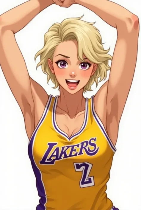 Lakers jersey, arms up, blonde short wavy hair, mature woman, anime, sporty