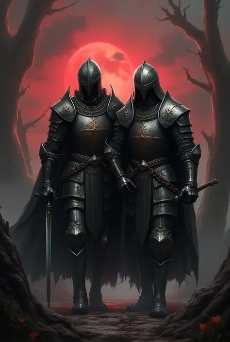 Two best friends in a knight armor, both male, in a medieval dark fantasy world