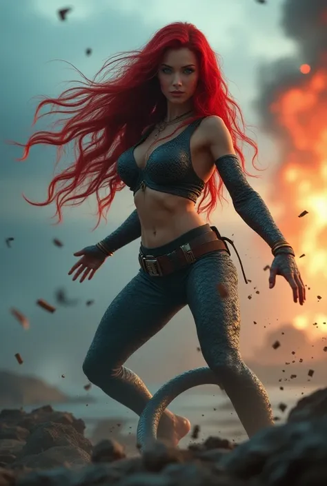 1 woman snake ,(woman snake ), ((battle pose)), (long red hair), the woman snake with  a light blue gradient, ((tight body  female snake and gives her a powerful look)), ((muscular, strong body)), (( tall stature), long wavy hair, explosion background, fig...