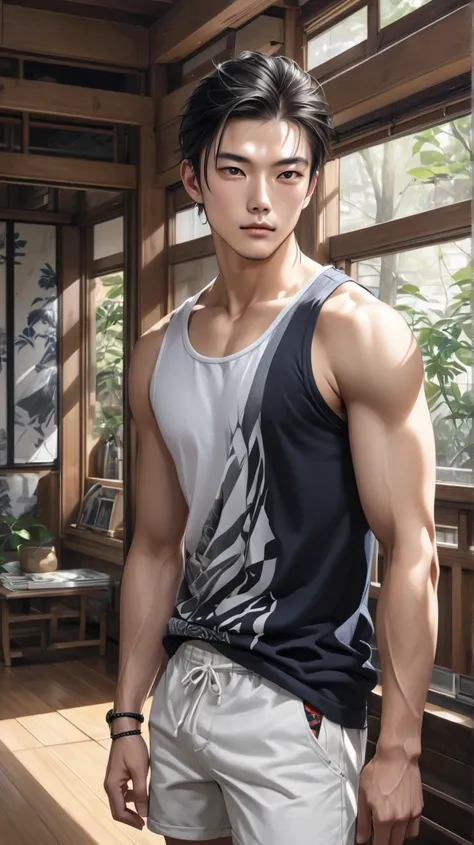 (photorealism:1.2), Handsome japanese man, 25-30 year-old, fashion model, wearing tank top.
,  relaxed pose, realistic, intricate details, indoor