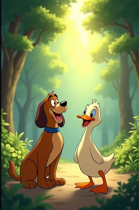 "Create a classic animated scene in the style of Disneys early film Snow White. The scene takes place in the same lush, enchanted forest, with the dog now happily out of the hole and standing beside the cheerful duck. The two characters should be smiling a...