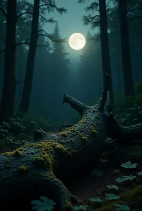 A fallen trunk on the floor of a forest at night, illuminated by moonlight