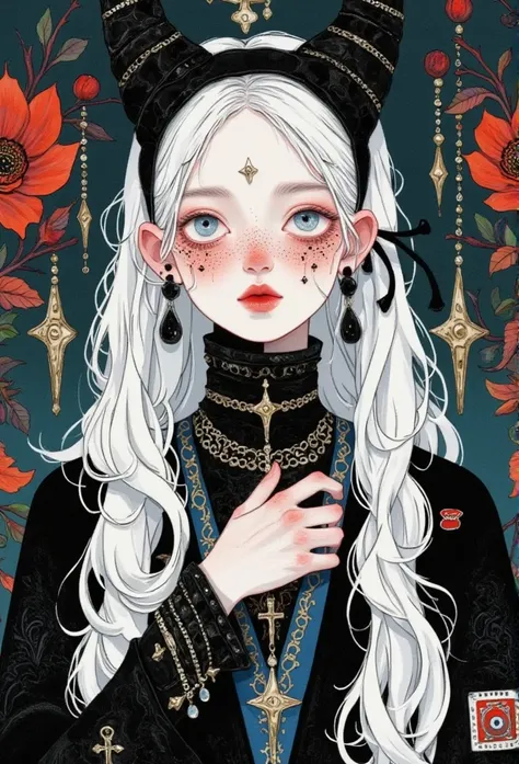 crazy colors,Illustrated,super precise depiction,multiple colors,high definition,Rich in intricate details. 8K,illustration,1girl,evil smile,crazy,beautiful,white hair,dark fairy tale,gloomy style,black crown,evil vibe,Gothic style,