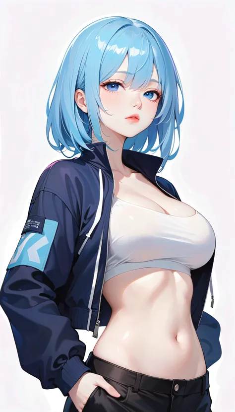 1girl, Alone, Chest, Viewer,  blue eyes,  simple background ,  white background , Jewelry, large breasts, Lazy, Half-closed eyes,  blue hair , Jackets,  upper body, Open clothes, abdomen, From the side, open Jackets, Lips, black Jackets,  cropped top below...