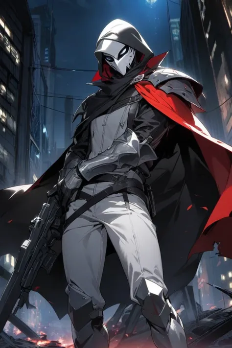 1 man, young, shounen, assassin outfit, hood, full mask, black and white outfit, white eyes, full armor, armored, vigilante, holding blade, holding gun, high collar, cape, Resolution, Best Quality, Anatomically Correct, Solo,

Night, sci-fi