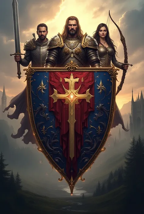  Create an image with the words Immortal Alliance ,  the image must be a coat of arms representing three great kingdoms represented by three characters, a barbarian, a sorceress and an archer ,  use medieval era symbolism magic 