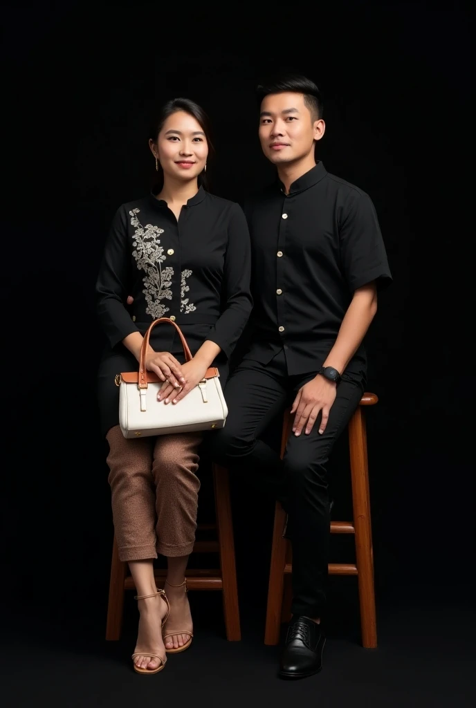 hyperrealistic photos of Indonesian couples, full ultra HD 16k quality, an Indonesian man aged 30 years, neat short side hair, wearing a black shirt with white batik motif, black trousers and shiny black shoes, standing smiling facing the camera together w...