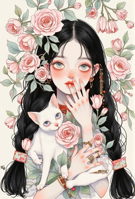 1 girl in a rose cage, beautiful detailed face, beautiful detailed eyes, beautiful detailed lips, extremely detailed portrait, watercolor, cartoon, fantasy, intricate details, rose cage, rose petals, serene, dreamlike, soft colors, pastel palette, delicate...